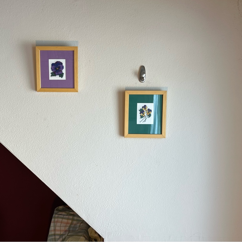 Small Framed Cross Stitch Embroidered Floral Violet Cottage GrannyCore HandCraft
